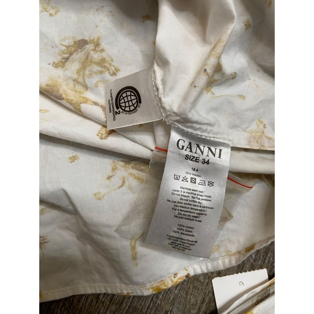 Ganni Weston Horse Print Wrap Blouse Puff Sleeve Button Down White XS - Picture 9 of 10